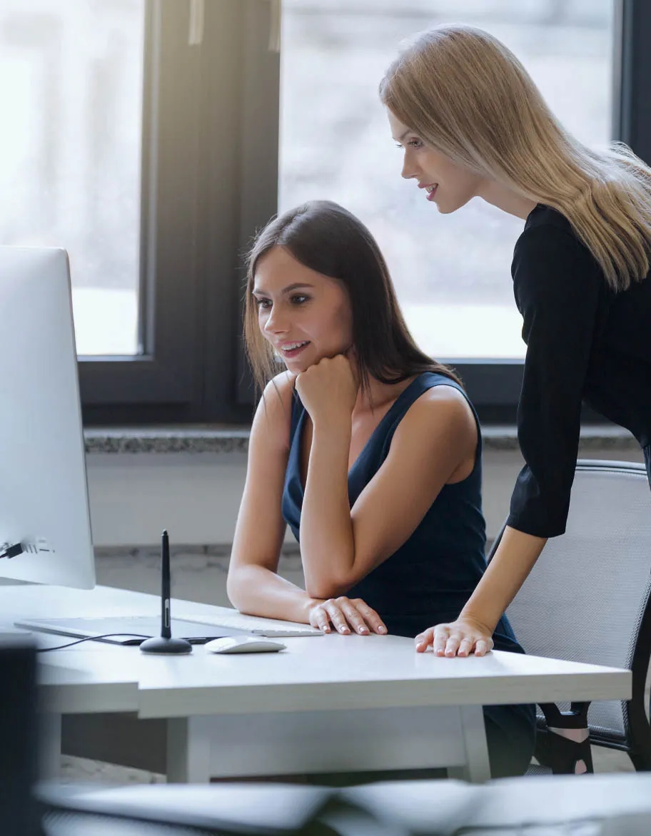 Two ISO consultants looking at the computer screen, discussing audit results.